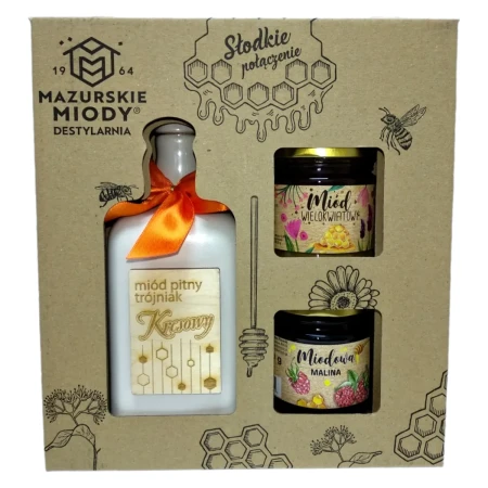 Miód Pitny zestaw Trójniak Kresowy 13% 0,5l. + 2 miody mix 250 g